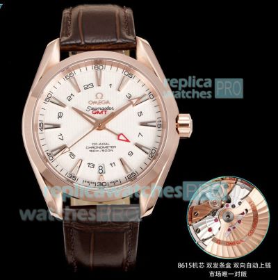 OVS Factory 1:1 Clone Omega Seamaster Aqua Terra 150m GMT Rose Gold Leather Strap Watch 